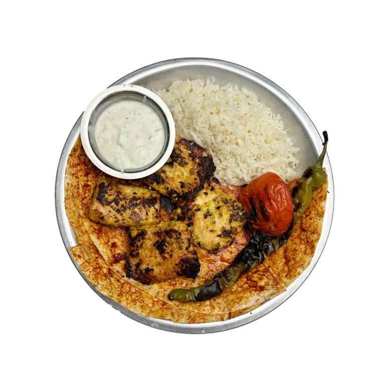 Chicken shish with rice and salad