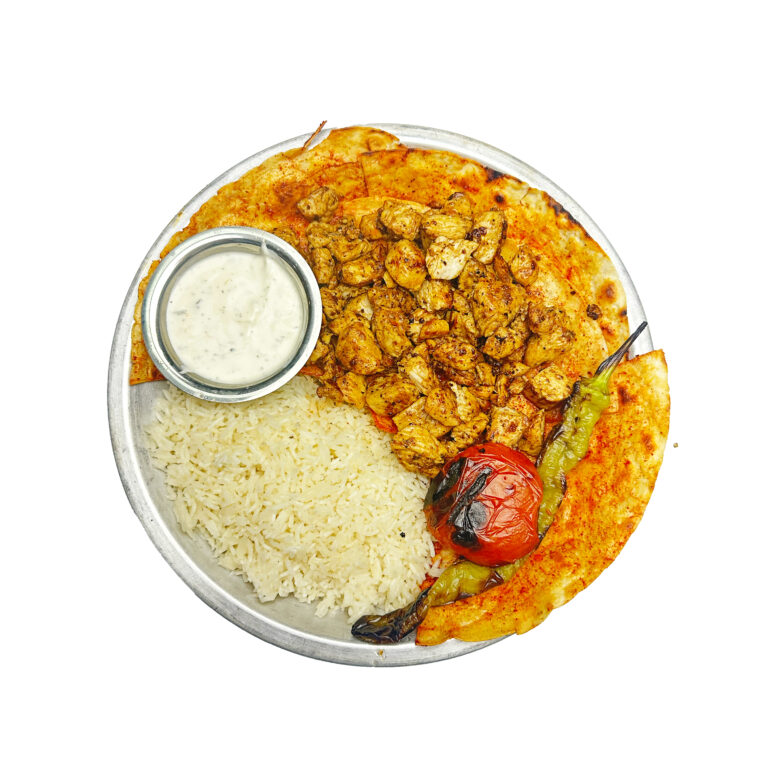 Chicken kebab platter with rice and grilled vegetables